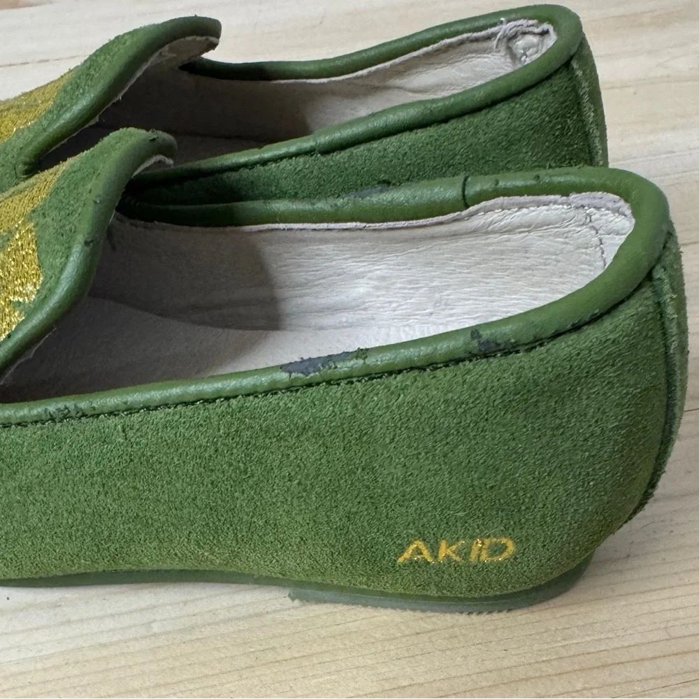 AKID Green Skeleton Loafers with Gold. Size 10, Excellent Condition. HTF